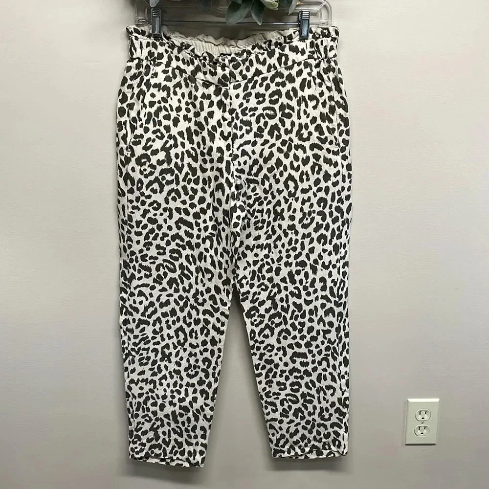 J. Crew Ruffle Waist Linen Blend Leopard Pants 6